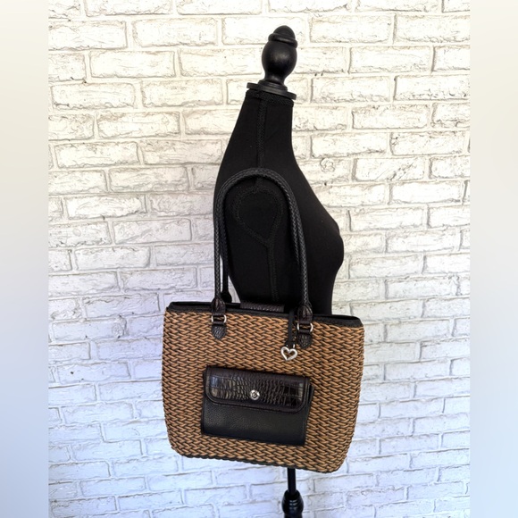 Brighton Handbags - Vintage Brighton Straw & Leather Purse Tote Bag Woven Braided Straps-Tan Black